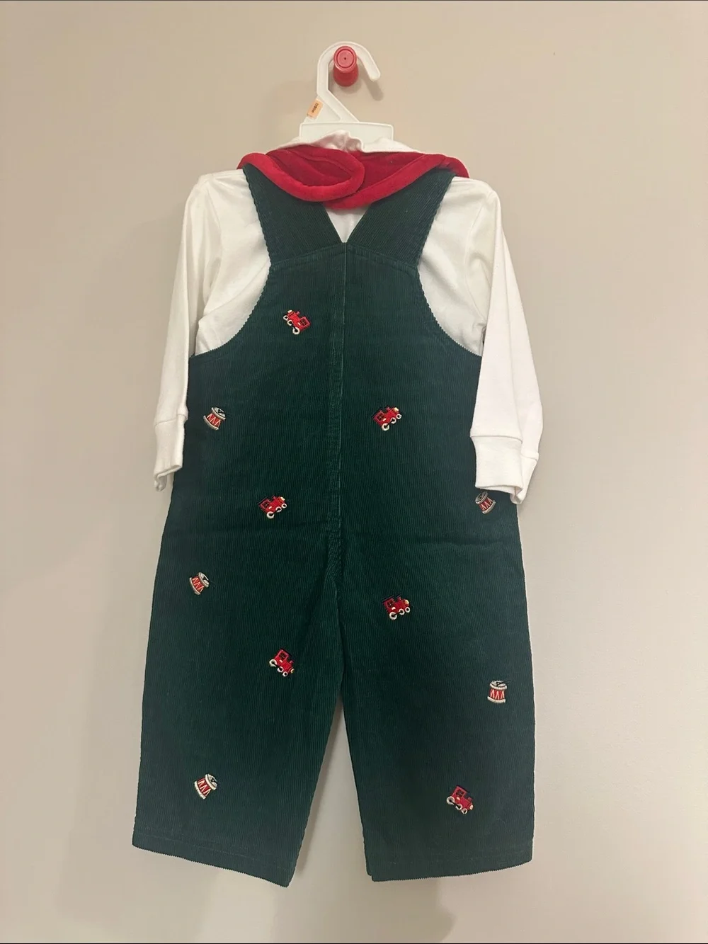 Good Lad of Philadelphia Green Corduroy Overalls with Reindeer Bib and White Tee